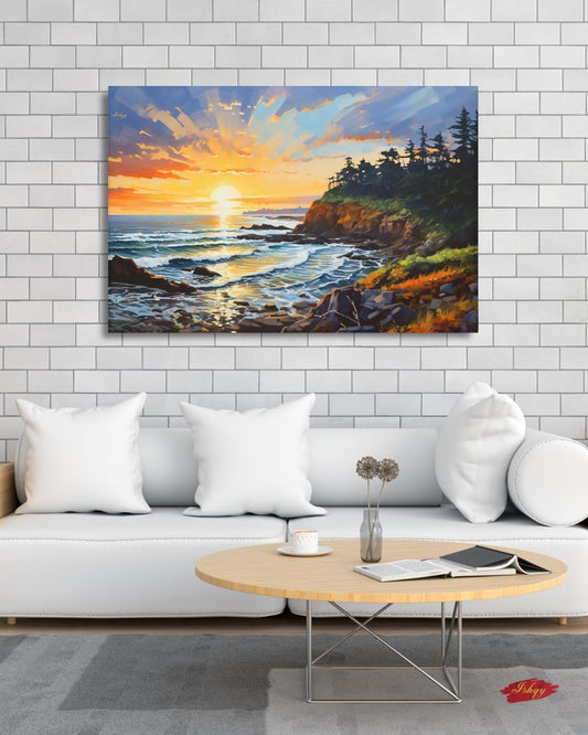 Oregon Coast Sunset Painting, Pacific Ocean Seascape Wall Art, Coastal Landscape Canvas for Living Room, Bedroom, or Beach Home Decor