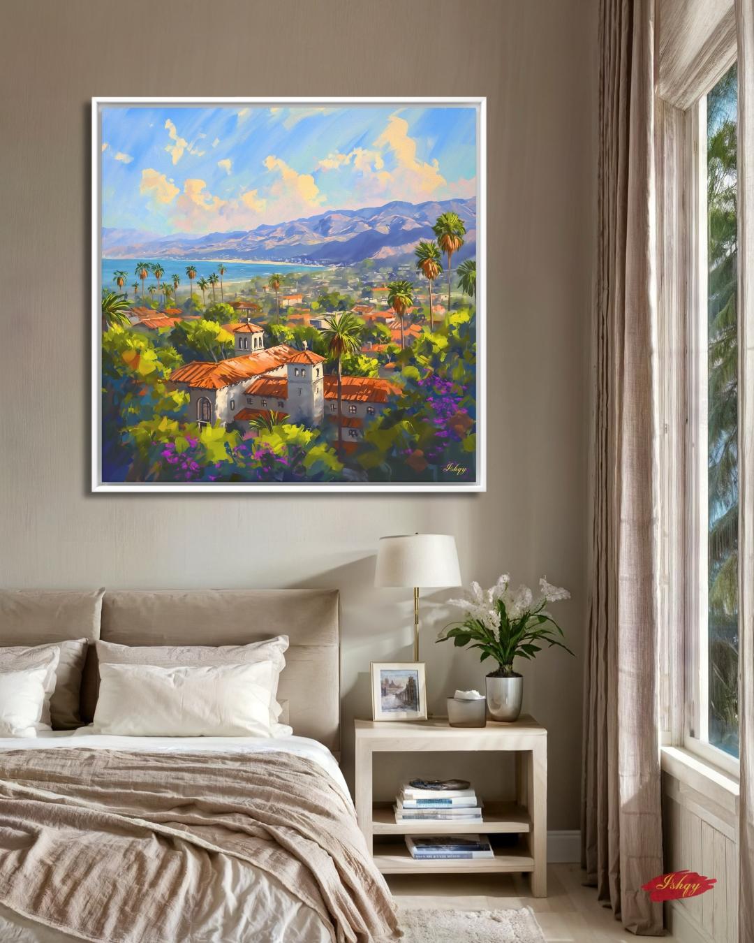 Santa Barbara Coast Art Print, California Landscape Canvas, Mediterranean Ocean View Painting, Colorful Coastal Wall Decor for Home