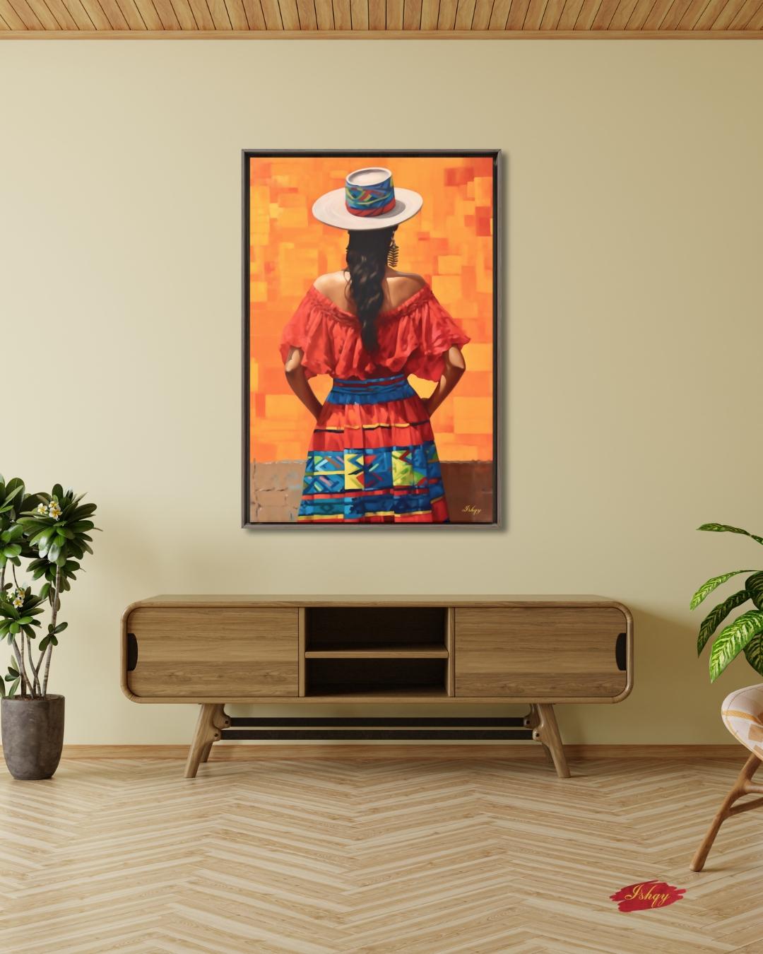 Colombian Woman Wall Art Canvas, Latin Folk Portrait Painting, Colorful Cultural Home Decor, South American Travel Art Gift