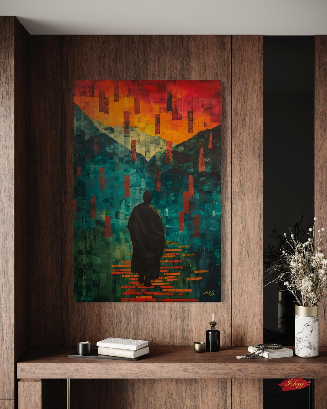Abstract Monk Meditation Wall Art Print, Canvas, Framed Canvas, Zen Spiritual Landscape Mosaic, Teal Orange Mountains, Modern Boho Decor