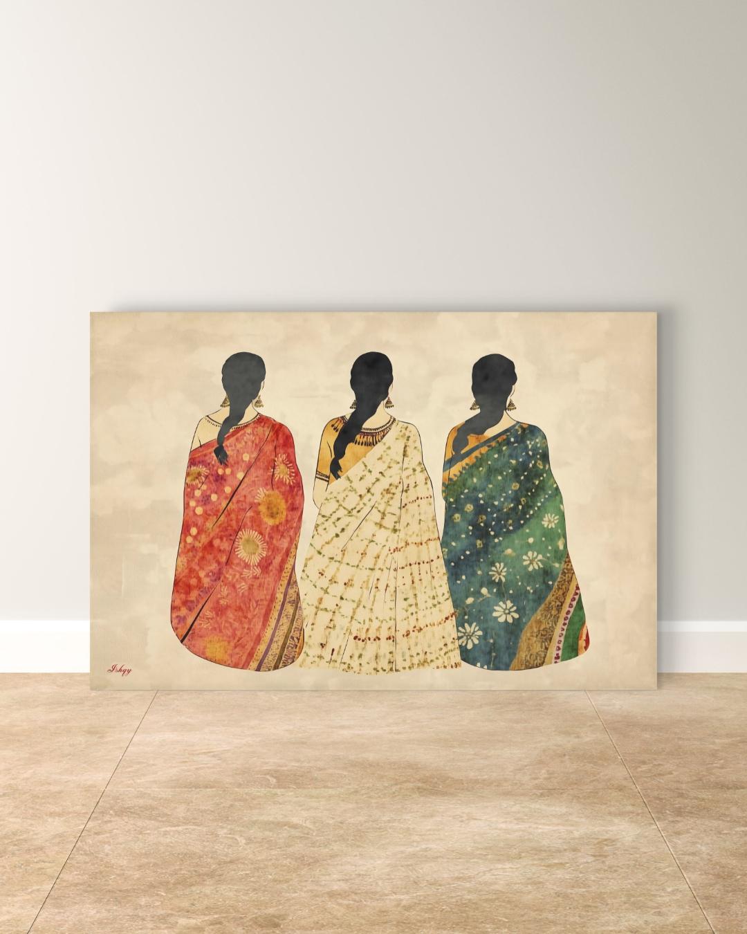 Indian Saree Women Trio Wall Art Print, Canvas, Framed Canvas, Boho Folk Textile Silhouette Painting, Cultural Bedroom Living Room Decor