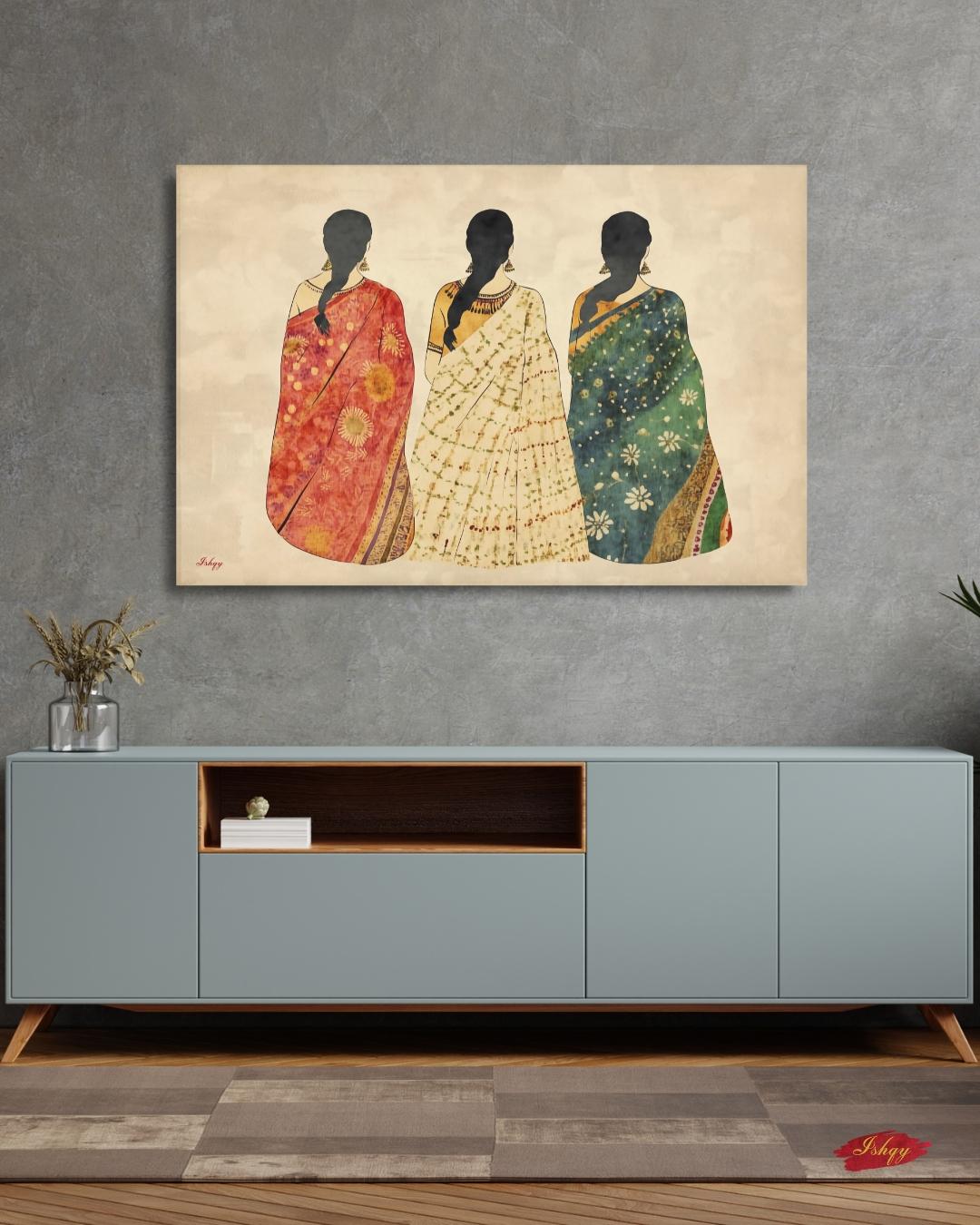 Indian Saree Women Trio Wall Art Print, Canvas, Framed Canvas, Boho Folk Textile Silhouette Painting, Cultural Bedroom Living Room Decor