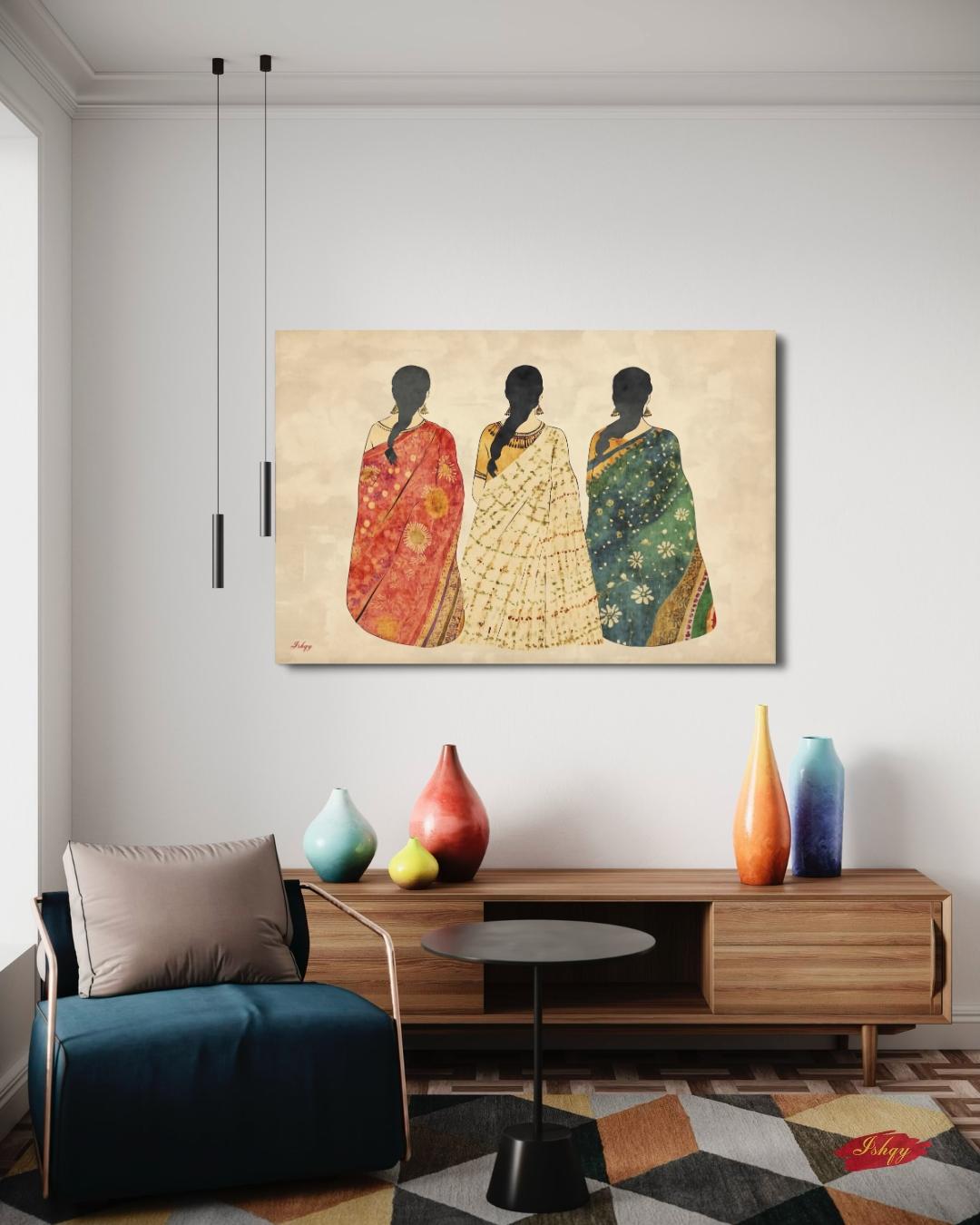 Indian Saree Women Trio Wall Art Print, Canvas, Framed Canvas, Boho Folk Textile Silhouette Painting, Cultural Bedroom Living Room Decor