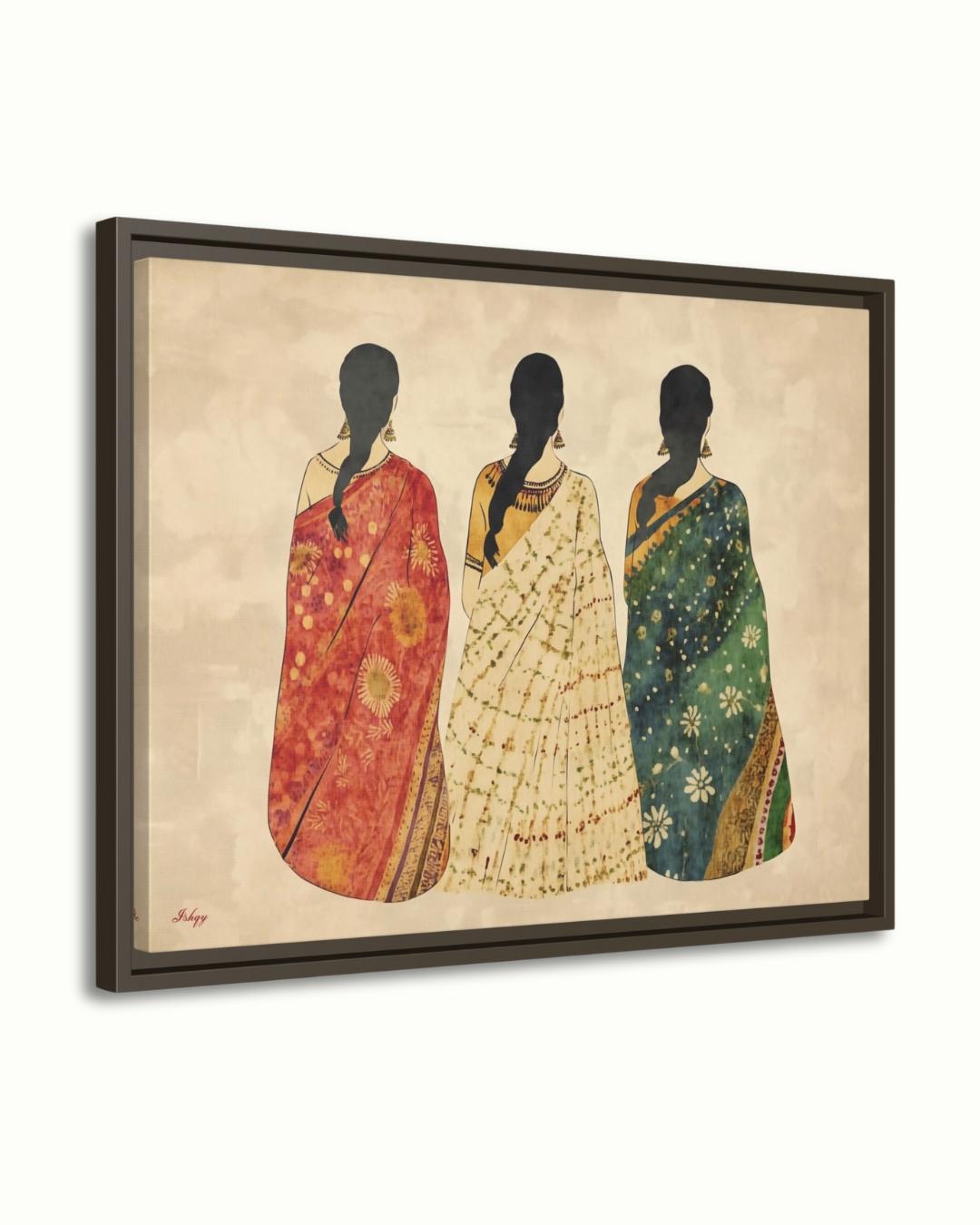 Indian Saree Women Trio Wall Art Print, Canvas, Framed Canvas, Boho Folk Textile Silhouette Painting, Cultural Bedroom Living Room Decor
