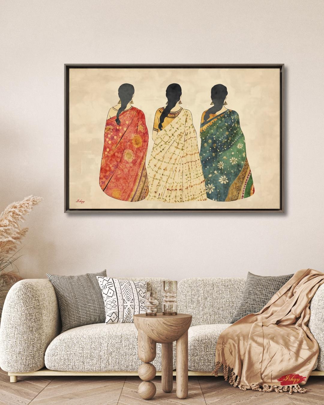Indian Saree Women Trio Wall Art Print, Canvas, Framed Canvas, Boho Folk Textile Silhouette Painting, Cultural Bedroom Living Room Decor