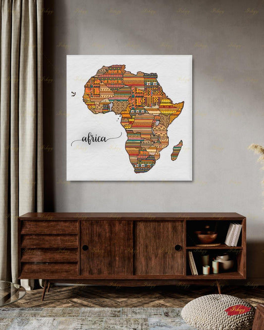 Africa Map Wall Art Canvas Print, African Tribal Pattern Map, Boho Travel Decor, Framed Canvas Map Artwork, Housewarming Gift, Nursery Decor