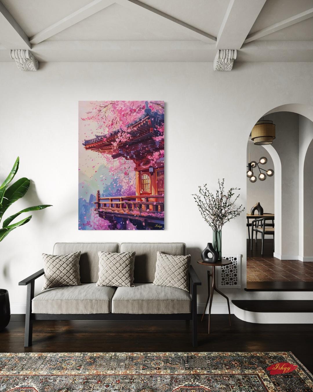 Kyoto Temple Cherry Blossom Painting Canvas Framed Canvas, Sakura Japan Art Print, Asian Wall Art For Living Room Bedroom, Zen Japan Decor