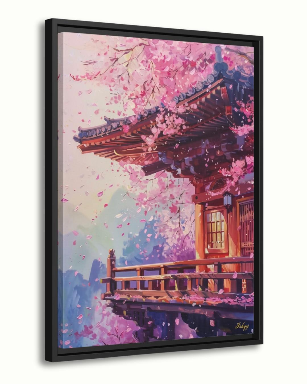 Kyoto Temple Cherry Blossom Painting Canvas Framed Canvas, Sakura Japan Art Print, Asian Wall Art For Living Room Bedroom, Zen Japan Decor