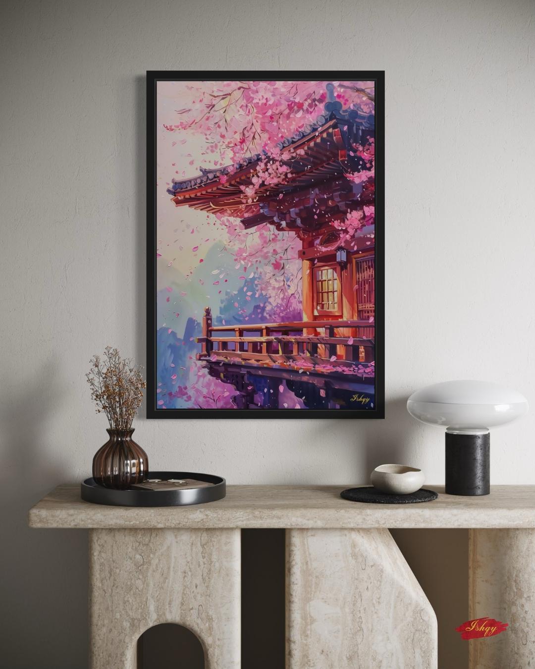 Kyoto Temple Cherry Blossom Painting Canvas Framed Canvas, Sakura Japan Art Print, Asian Wall Art For Living Room Bedroom, Zen Japan Decor