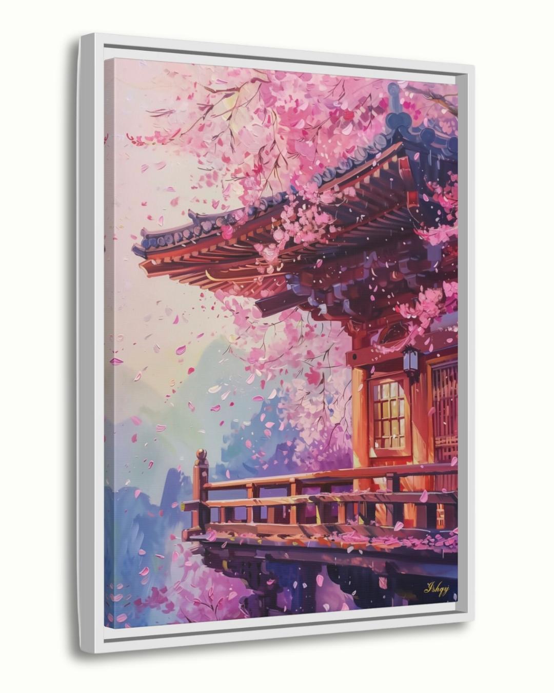 Kyoto Temple Cherry Blossom Painting Canvas Framed Canvas, Sakura Japan Art Print, Asian Wall Art For Living Room Bedroom, Zen Japan Decor