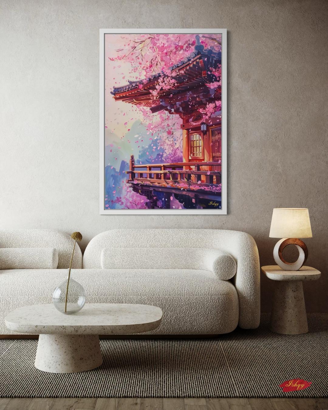 Kyoto Temple Cherry Blossom Painting Canvas Framed Canvas, Sakura Japan Art Print, Asian Wall Art For Living Room Bedroom, Zen Japan Decor