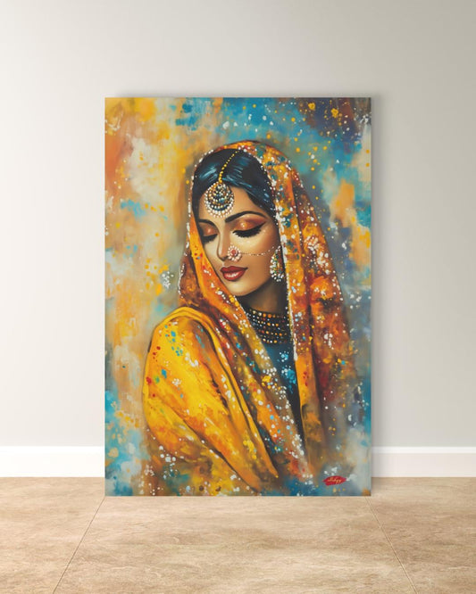 Punjabi Wall Art, Phulkari Woman Portrait Print, Indian Bride Painting, Vibrant Canvas Art, South Asian Decor, Framed Art Gift for Her. Celebrate Punjabi heritage with this stunning phulkari-inspired art print. Elegant and expressive canvas wall decor for home or gifting.