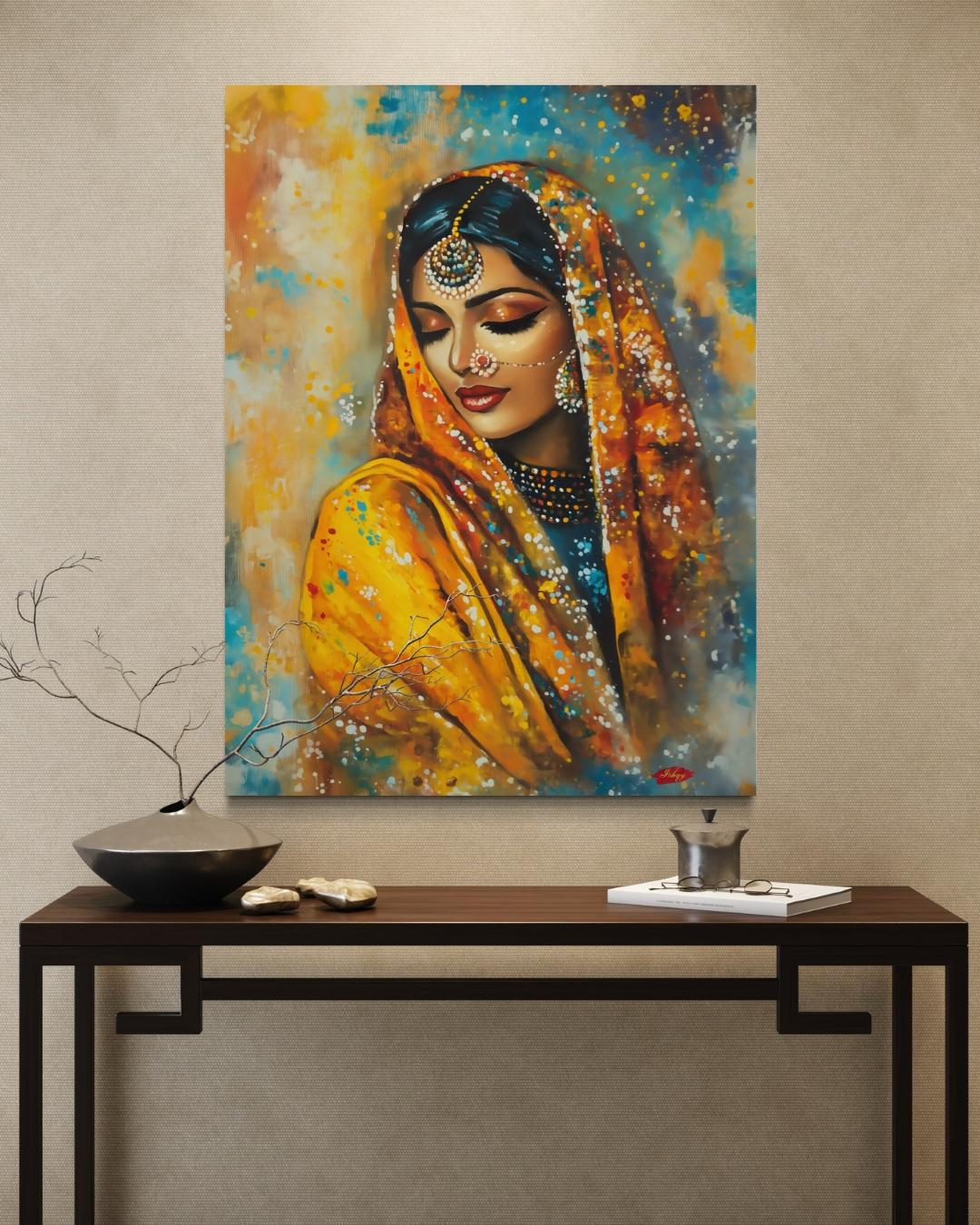 Punjabi Wall Art, Phulkari Woman Portrait Print, Indian Bride Painting, Vibrant Canvas Art, South Asian Decor, Framed Art Gift for Her. Celebrate Punjabi heritage with this stunning phulkari-inspired art print. Elegant and expressive canvas wall decor for home or gifting.