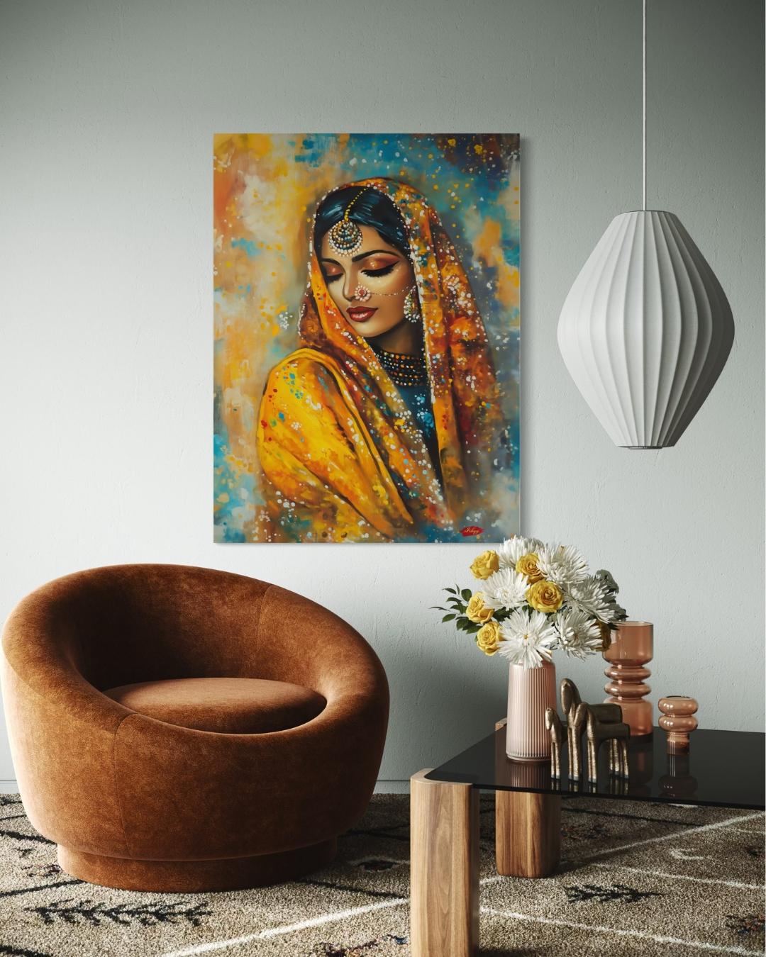 Punjabi Wall Art, Phulkari Woman Portrait Print, Indian Bride Painting, Vibrant Canvas Art, South Asian Decor, Framed Art Gift for Her. Celebrate Punjabi heritage with this stunning phulkari-inspired art print. Elegant and expressive canvas wall decor for home or gifting.