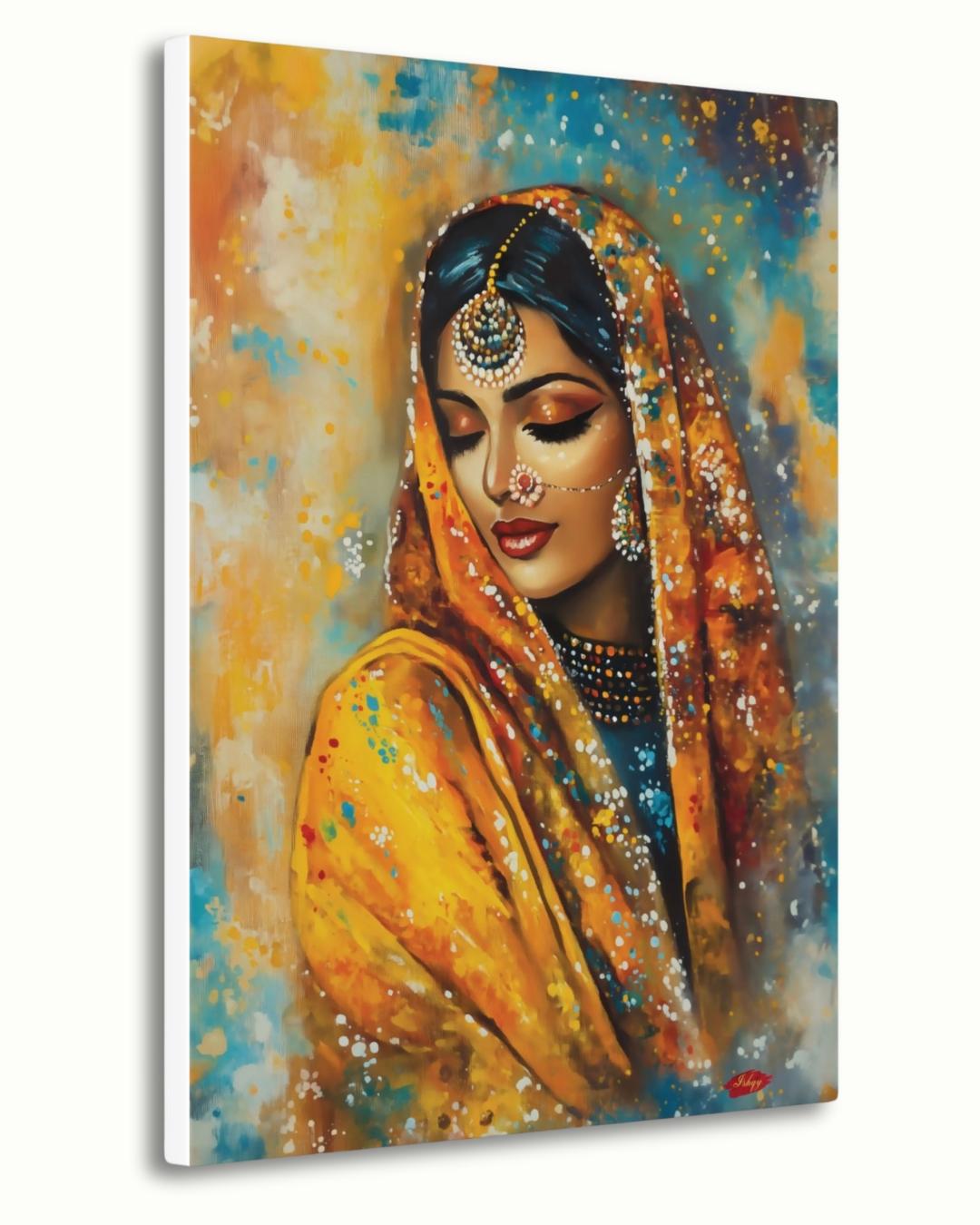Punjabi Wall Art, Phulkari Woman Portrait Print, Indian Bride Painting, Vibrant Canvas Art, South Asian Decor, Framed Art Gift for Her. Celebrate Punjabi heritage with this stunning phulkari-inspired art print. Elegant and expressive canvas wall decor for home or gifting.