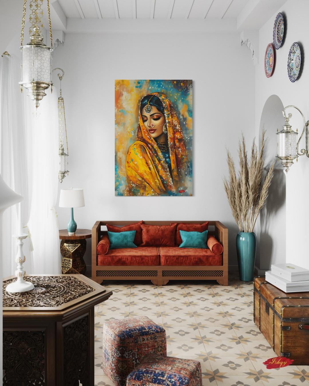 Punjabi Wall Art, Phulkari Woman Portrait Print, Indian Bride Painting, Vibrant Canvas Art, South Asian Decor, Framed Art Gift for Her. Celebrate Punjabi heritage with this stunning phulkari-inspired art print. Elegant and expressive canvas wall decor for home or gifting.