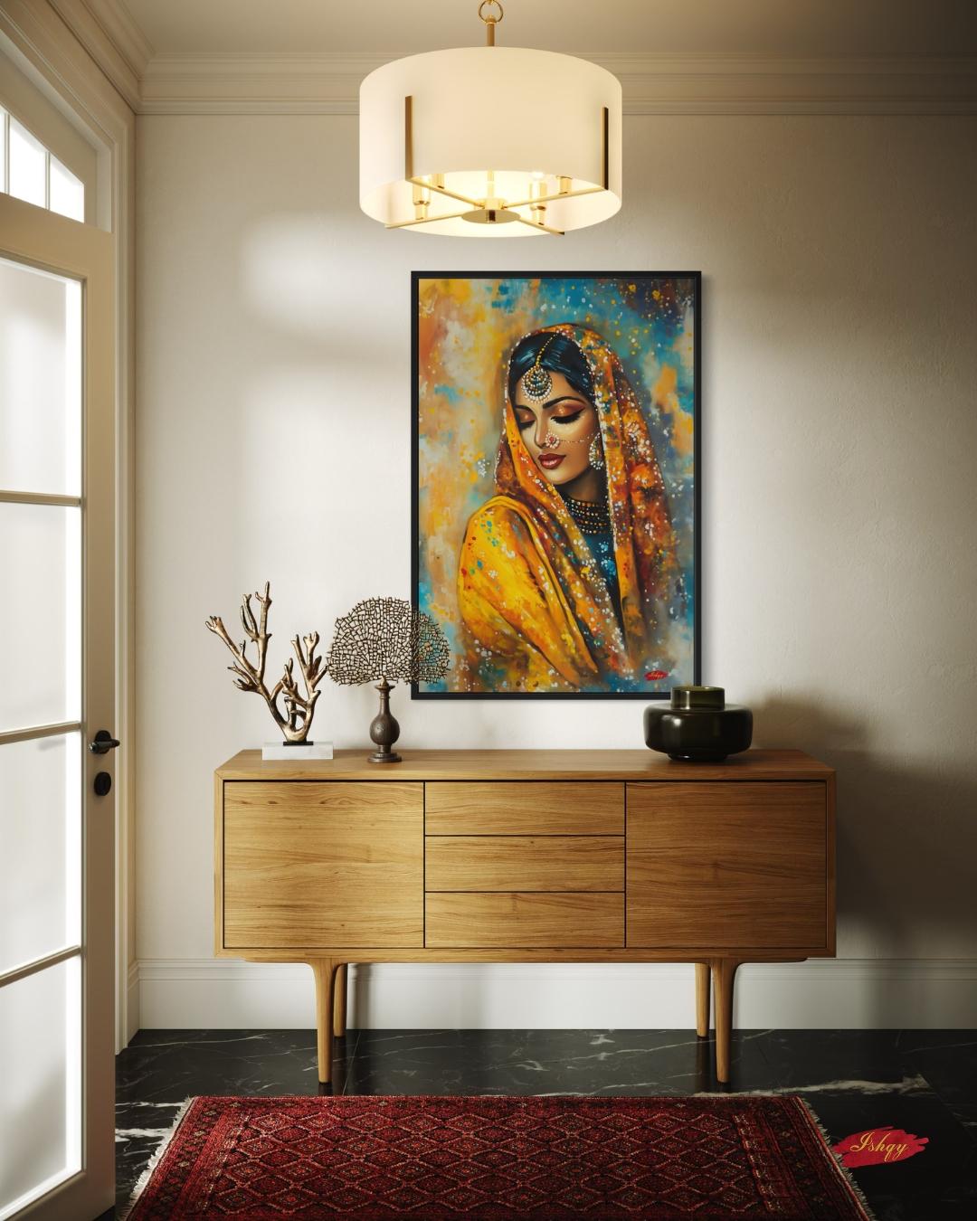 Punjabi Wall Art, Phulkari Woman Portrait Print, Indian Bride Painting, Vibrant Canvas Art, South Asian Decor, Framed Art Gift for Her. Celebrate Punjabi heritage with this stunning phulkari-inspired art print. Elegant and expressive canvas wall decor for home or gifting.