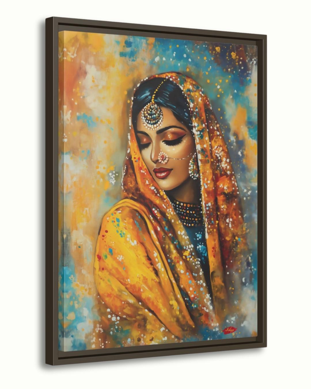 Punjabi Wall Art, Phulkari Woman Portrait Print, Indian Bride Painting, Vibrant Canvas Art, South Asian Decor, Framed Art Gift for Her. Celebrate Punjabi heritage with this stunning phulkari-inspired art print. Elegant and expressive canvas wall decor for home or gifting.