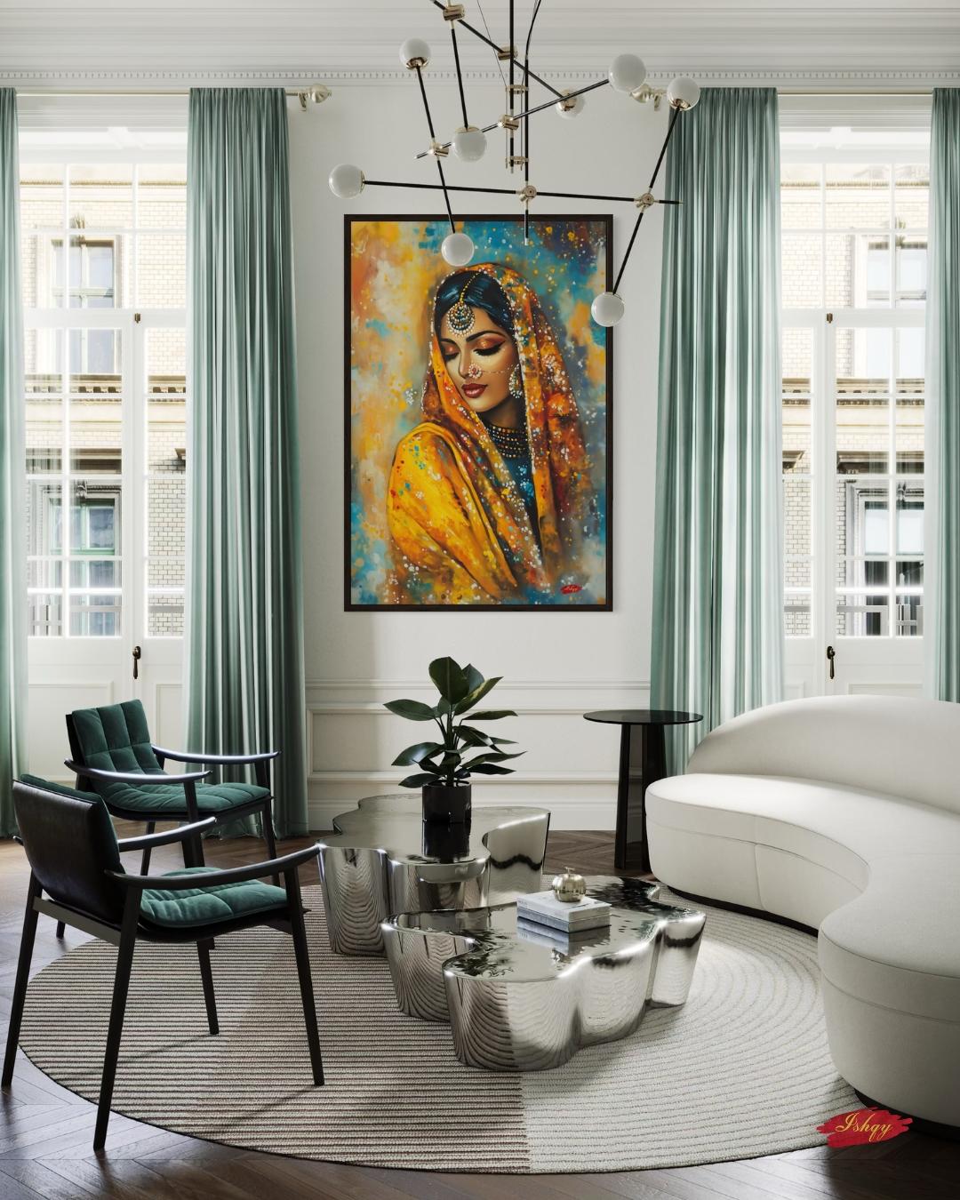 Punjabi Wall Art, Phulkari Woman Portrait Print, Indian Bride Painting, Vibrant Canvas Art, South Asian Decor, Framed Art Gift for Her. Celebrate Punjabi heritage with this stunning phulkari-inspired art print. Elegant and expressive canvas wall decor for home or gifting.