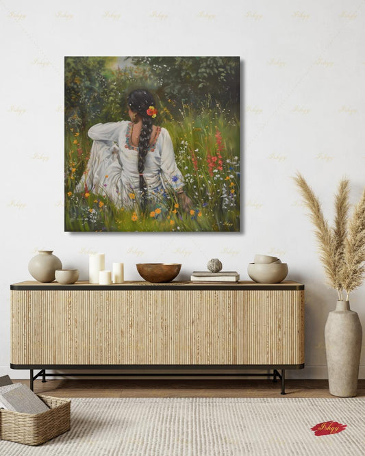 Punjabi Woman Wall Art, Wildflower Meadow Canvas Print, Indian Boho Nature Decor, Cottagecore Floral Art, Framed Canvas, Gift for Her