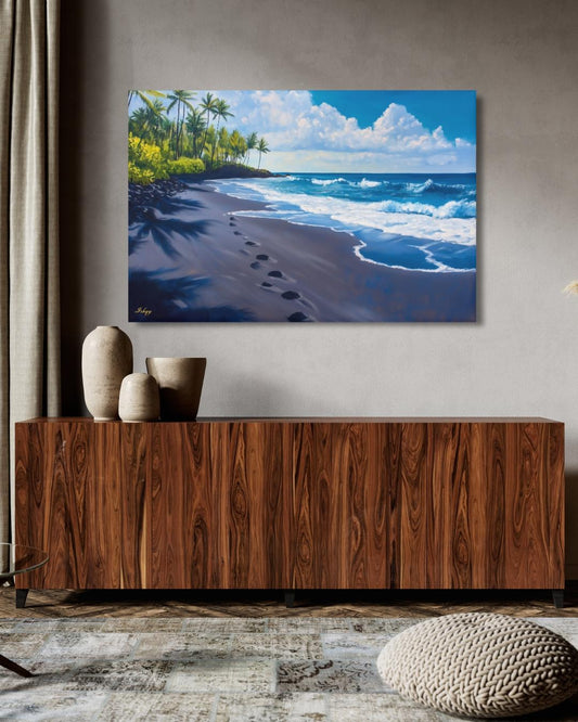 Punaluʻu Hawaii Beach Painting Print, Tropical Island Wall Art, Black Sand Shoreline Canvas Coastal Landscape for Beach House and Home Decor