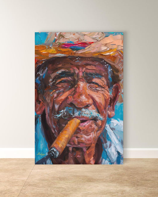 Salvadoran Man Portrait Painting Print, Canvas Framed Canvas, Cigar Smoker Art Print, Latin American Wall Art Living Room Vintage Home Decor
