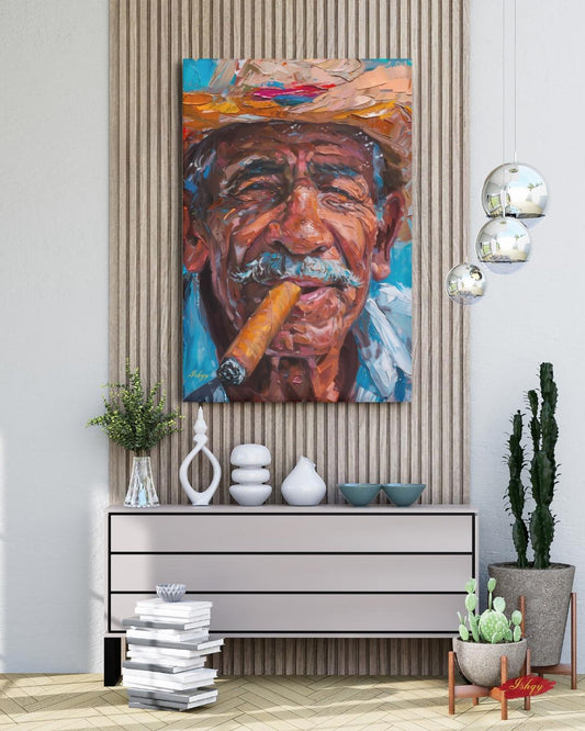 Salvadoran Man Portrait Painting Print, Canvas Framed Canvas, Cigar Smoker Art Print, Latin American Wall Art Living Room Vintage Home Decor