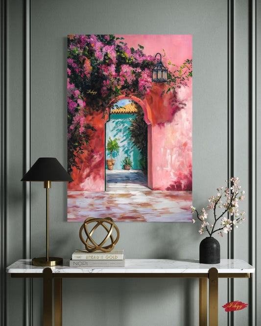 Moroccan Archway Painting Canvas Framed Canvas, Marrakech Doorway Wall Art Print, Bougainvillea Courtyard Decor For Living Room Entryway