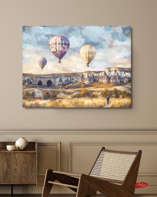 Cappadocia Hot Air Balloons Wall Art Print, Canvas, Framed Canvas, Turkey Landscape Painting for Living Room Bedroom Office Travel Decor