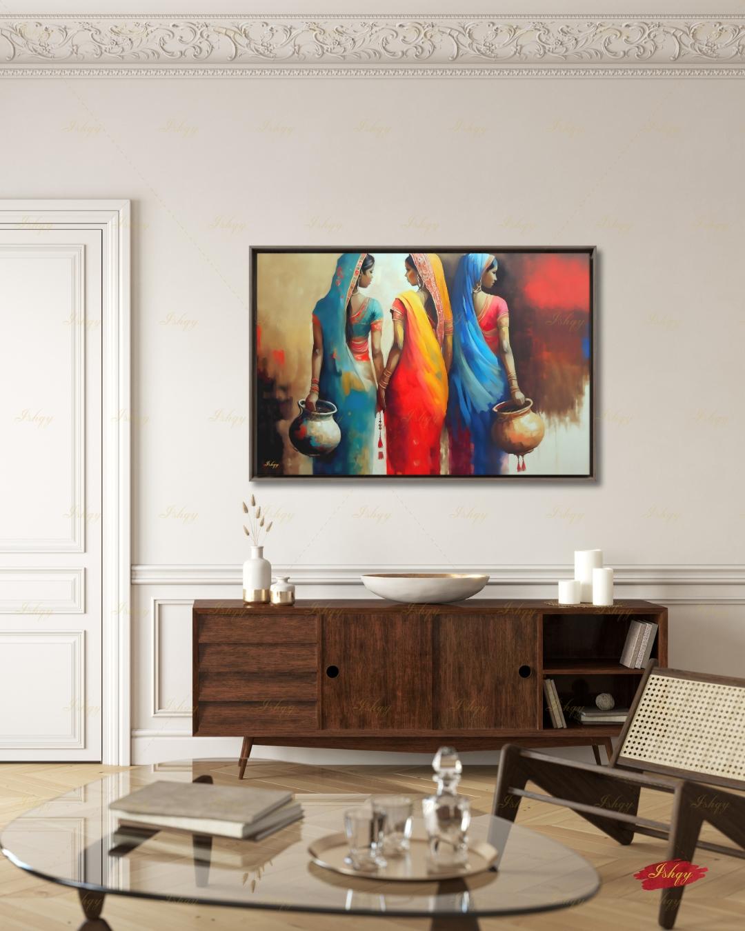 Indian Art Canvas Wall Art, Indian Woman Oil Painting Framed Canvas Print, Above Fireplace Art, Extra Large Indian Paintings Wall Decor