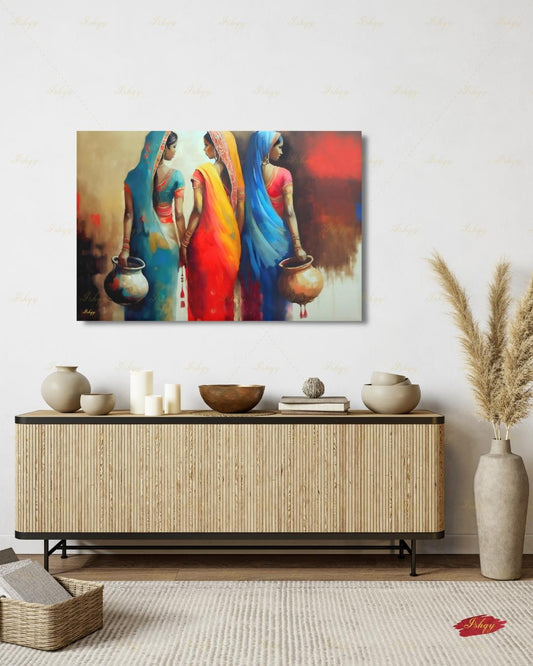 Indian Art Canvas Wall Art, Indian Woman Oil Painting Framed Canvas Print, Above Fireplace Art, Extra Large Indian Paintings Wall Decor
