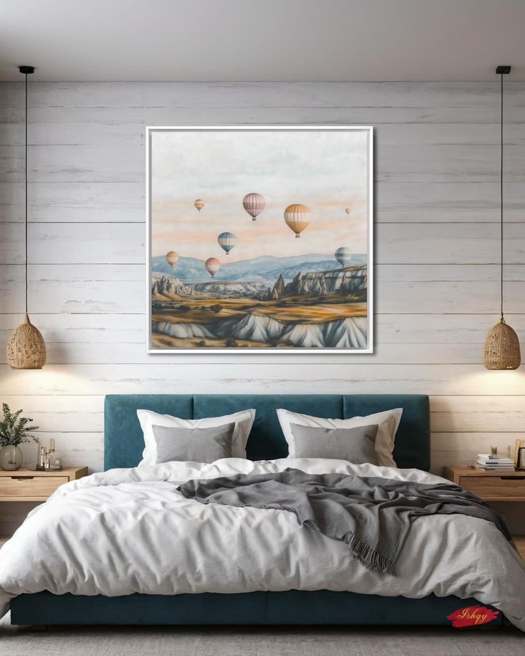 Hot Air Balloons Cappadocia Turkey Wall Art Print Canvas Framed Canvas Neutral Landscape Painting, Travel Decor for Bedroom Living Room Home