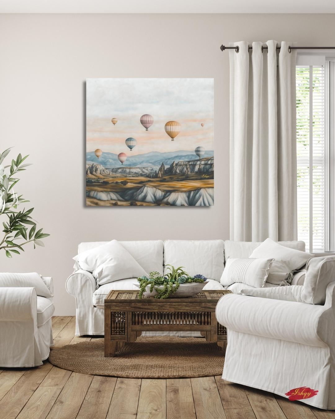 Hot Air Balloons Cappadocia Turkey Wall Art Print Canvas Framed Canvas Neutral Landscape Painting, Travel Decor for Bedroom Living Room Home