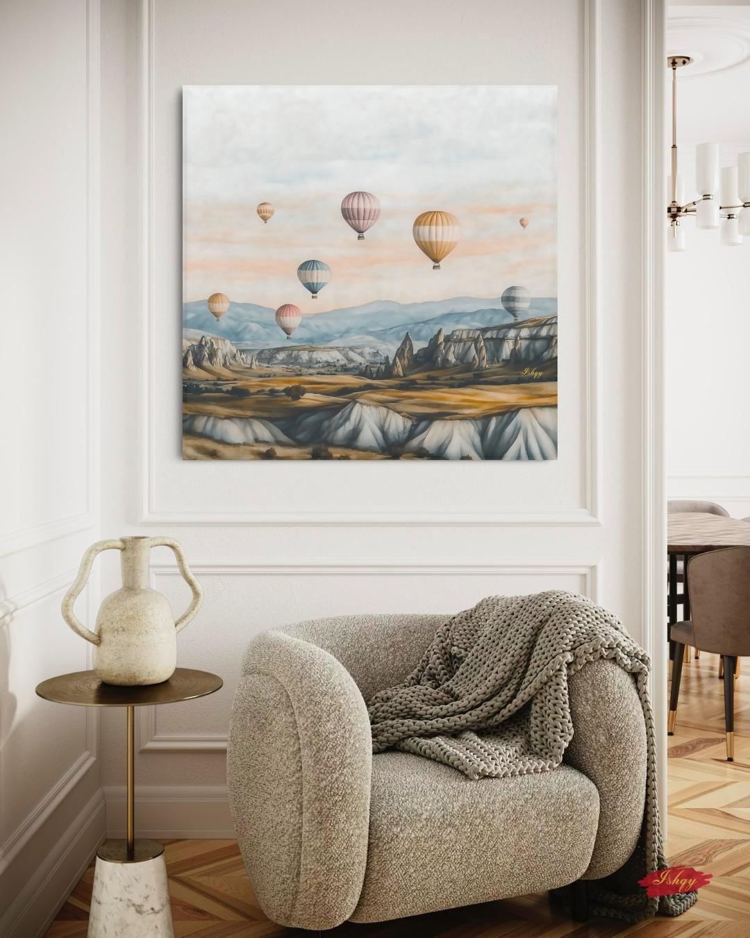 Hot Air Balloons Cappadocia Turkey Wall Art Print Canvas Framed Canvas Neutral Landscape Painting, Travel Decor for Bedroom Living Room Home