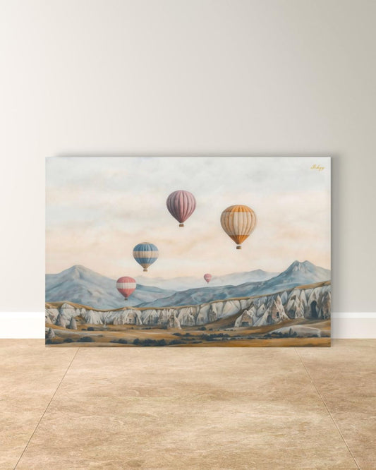 Cappadocia Hot Air Balloons Turkey Wall Art Print, Canvas, Framed Canvas, Neutral Landscape Travel Decor for Bedroom Living Room Office