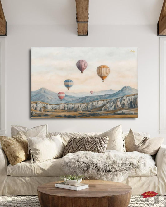 Cappadocia Hot Air Balloons Turkey Wall Art Print, Canvas, Framed Canvas, Neutral Landscape Travel Decor for Bedroom Living Room Office