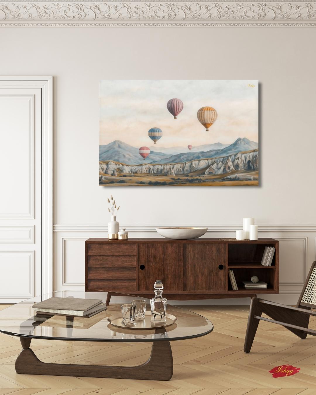 Cappadocia Hot Air Balloons Turkey Wall Art Print, Canvas, Framed Canvas, Neutral Landscape Travel Decor for Bedroom Living Room Office