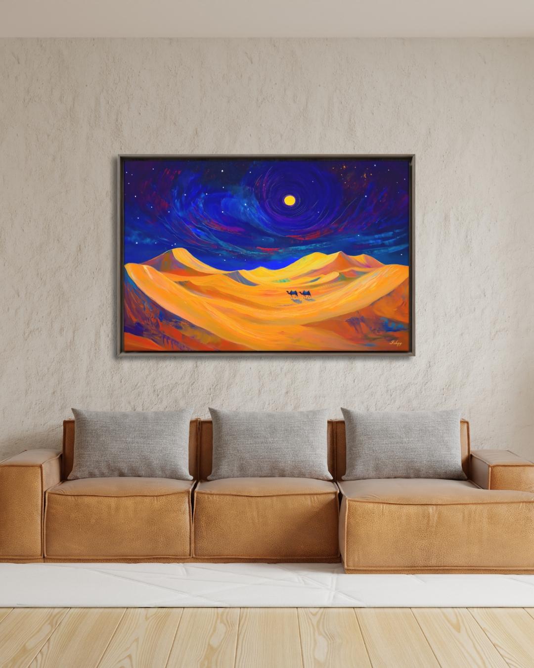 Desert Night Camel Painting, Sahara Moon Landscape Art, Moroccan Wall Decor, Midnight Desert Canvas, Travel Inspired Home Art