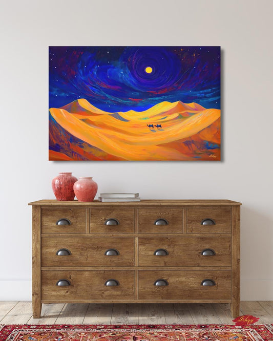 Desert Night Camel Painting, Sahara Moon Landscape Art, Moroccan Wall Decor, Midnight Desert Canvas, Travel Inspired Home Art