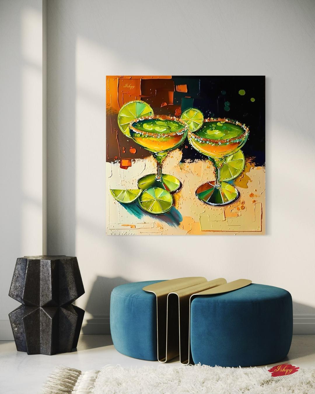 Margarita Cocktail Painting, Canvas & Framed Canvas Bar Wall Art, Lime Tequila Kitchen Decor, Colorful Mexican Art Print