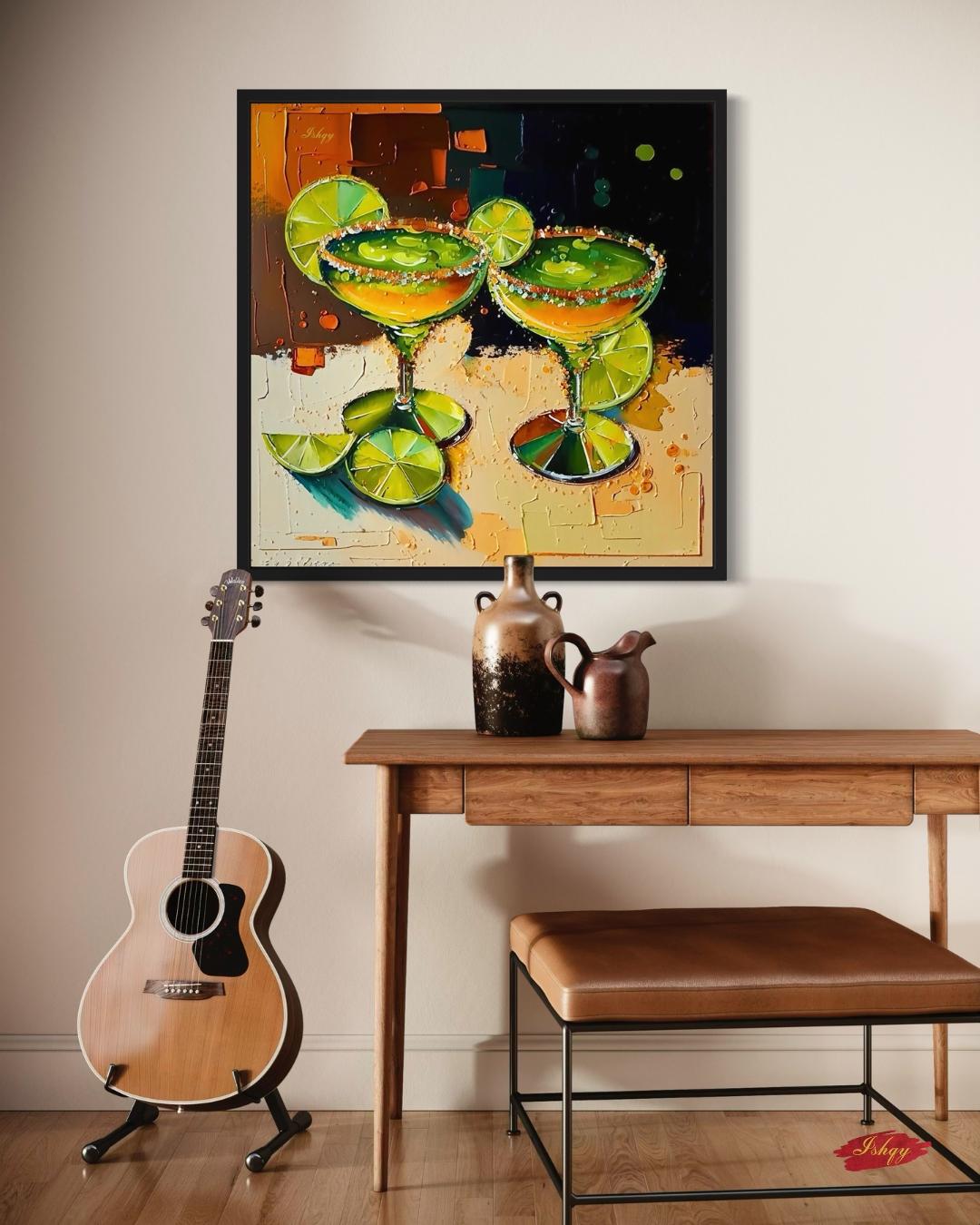 Margarita Cocktail Painting, Canvas & Framed Canvas Bar Wall Art, Lime Tequila Kitchen Decor, Colorful Mexican Art Print