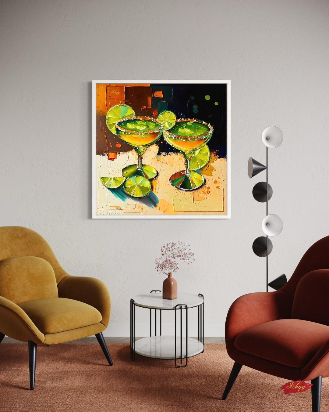 Margarita Cocktail Painting, Canvas & Framed Canvas Bar Wall Art, Lime Tequila Kitchen Decor, Colorful Mexican Art Print