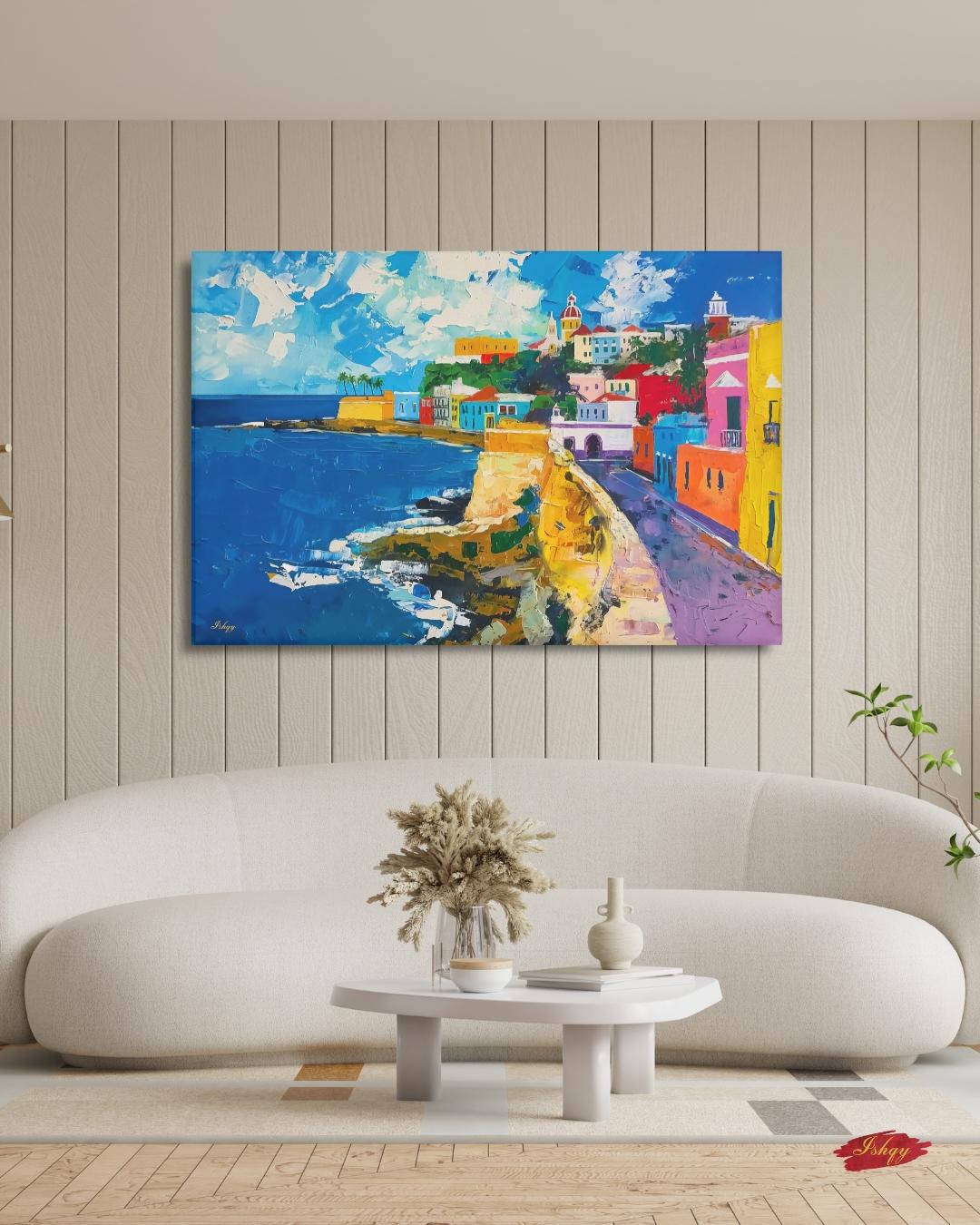 San Juan Puerto Rico Wall Art Print, Canvas, Framed Canvas, Old San Juan Colorful Coastal Cityscape Painting, Caribbean Travel Home Decor