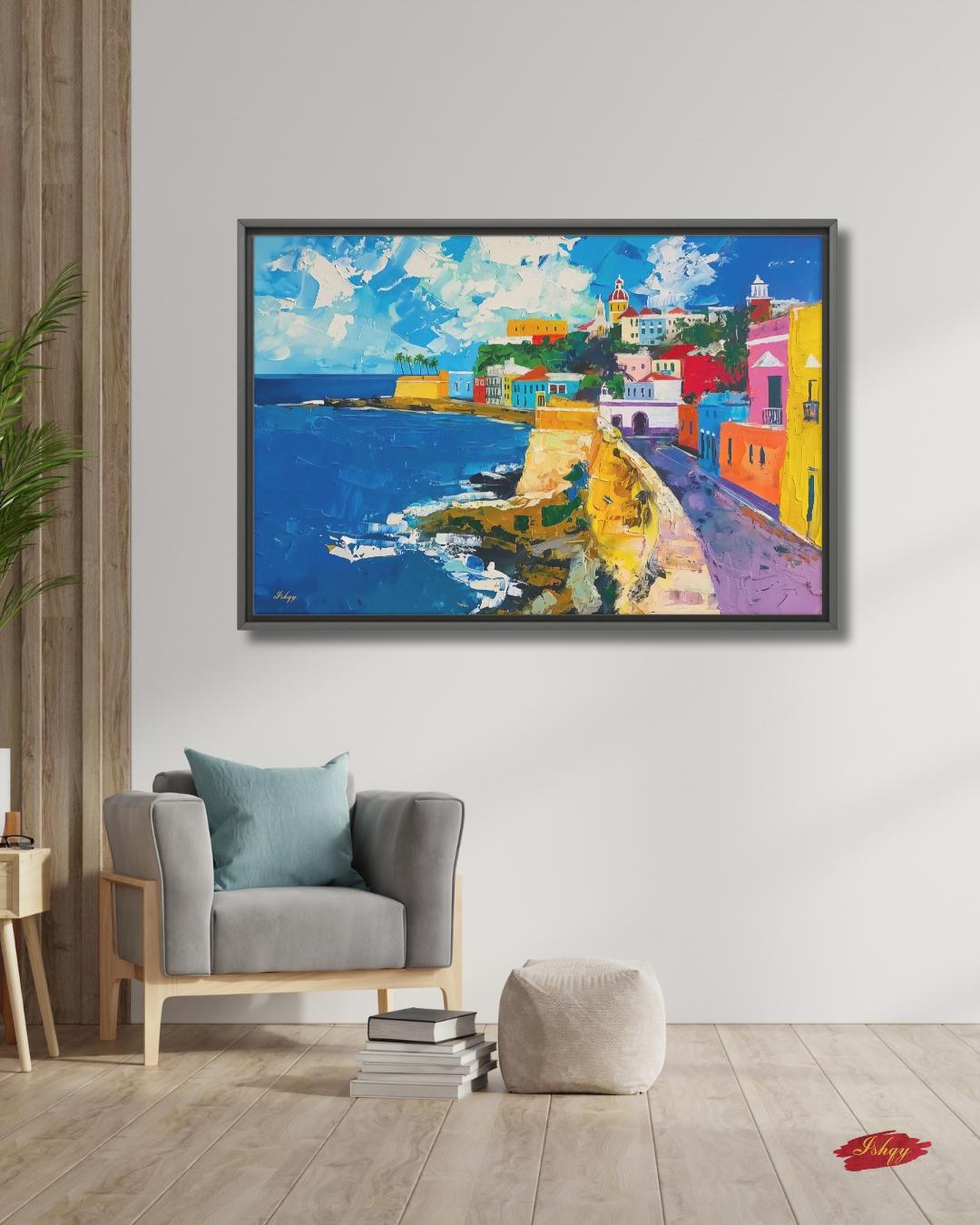 San Juan Puerto Rico Wall Art Print, Canvas, Framed Canvas, Old San Juan Colorful Coastal Cityscape Painting, Caribbean Travel Home Decor