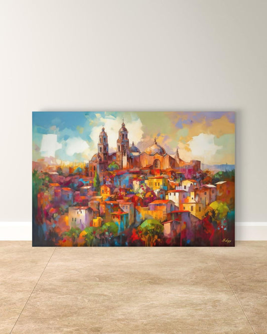 San Miguel de Allende Mexico Wall Art Print, Canvas, Framed Canvas, Colorful Colonial Cityscape Painting, Mexico Home Decor for Living Room