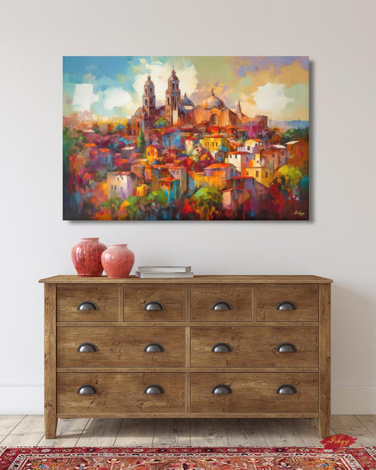 San Miguel de Allende Mexico Wall Art Print, Canvas, Framed Canvas, Colorful Colonial Cityscape Painting, Mexico Home Decor for Living Room