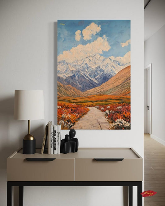 Tajikistan Mountain Landscape Painting, Pamir Range Canvas Wall Art, Colorful Nature Artwork of Central Asian Valley for Home or Office Decor