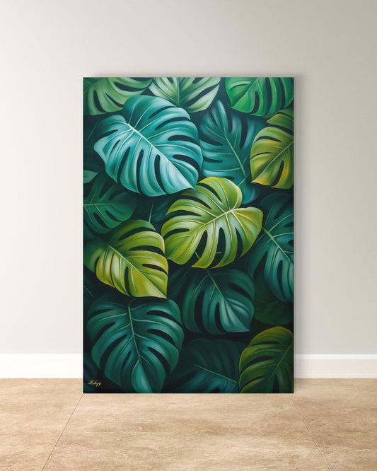 Monstera Leaves Wall Art Print, Canvas, Framed Canvas, Tropical Botanical Greenery, Jungle Leaf Painting for Living Room Bedroom Home Decor. monstera wall art, tropical leaves art, botanical wall art, jungle leaf painting, monstera leaf print, canvas wall art, framed canvas, art print, tropical home decor, living room decor, bedroom wall art, plant wall art, green botanical art