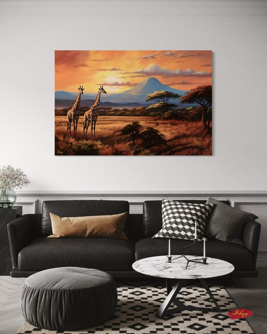 Serengeti Glow | African Safari Giraffe Wall Art | IshqyBusiness. Golden African savanna and giraffes at sunset — a canvas wall art piece that brings safari elegance to your home decor.