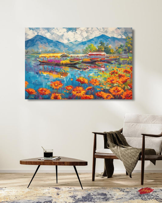 Kashmir Dal Lake Shikara Wall Art Print, Canvas, Framed Canvas, Srinagar Houseboat Floral Lake Landscape Painting, Himalayan Decor